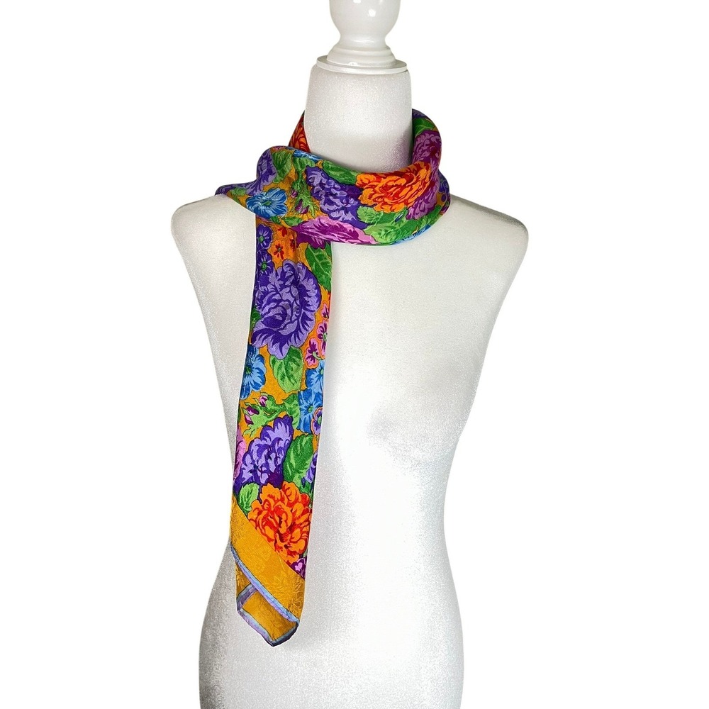 Albert Nipon Vintage Floral Jacquard Silk Square Scarf Gold Purple Hand Rolled